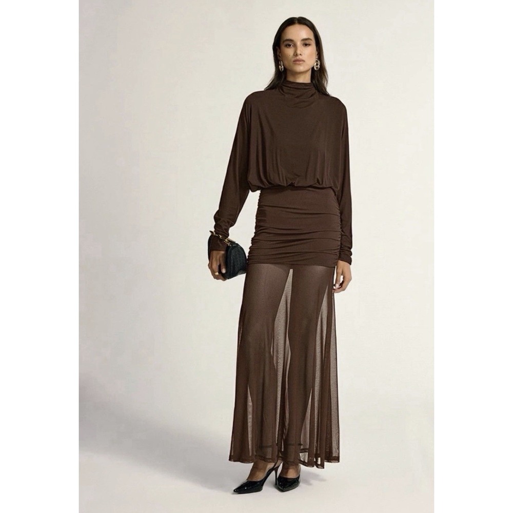 Commense‎ NWT BrownTurtleneck Long Sleeve Drape Ruched Mesh Dress Large